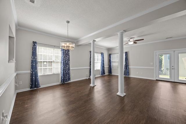 3408 Sosa Rd, Raleigh, NC 27610 - unfurnished living room with ornate columns, a textured ceiling, wood finished floors, ceiling fan, and a chandelier