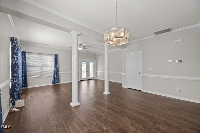 3408 Sosa Rd, Raleigh, NC 27610 - unfurnished living room featuring decorative columns, a chandelier, wood finished floors, crown molding, and a ceiling fan