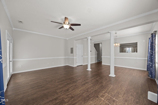 3408 Sosa Rd, Raleigh, NC 27610 - unfurnished living room with ceiling fan, dark wood-type flooring, ornate columns, electric panel, and ornamental molding
