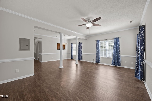 3408 Sosa Rd, Raleigh, NC 27610 - unfurnished living room with ornate columns, electric panel, ceiling fan, a textured ceiling, and wood finished floors