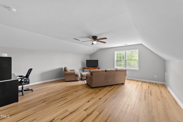 541 Mallie Pearce Rd, Zebulon, NC 27597 - living area with light wood finished floors, lofted ceiling, and a ceiling fan