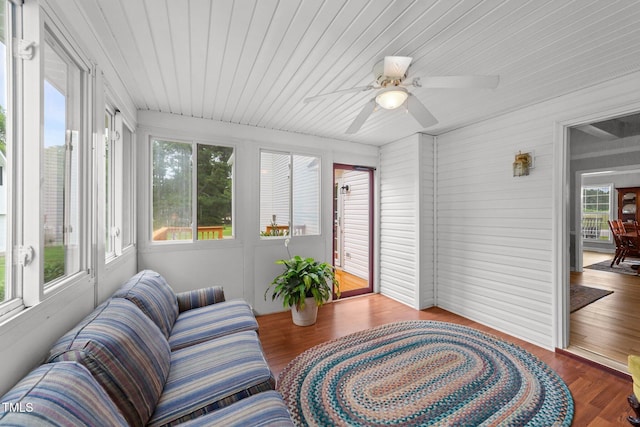 541 Mallie Pearce Rd, Zebulon, NC 27597 - sunroom with a ceiling fan, wood ceiling, and wood finished floors