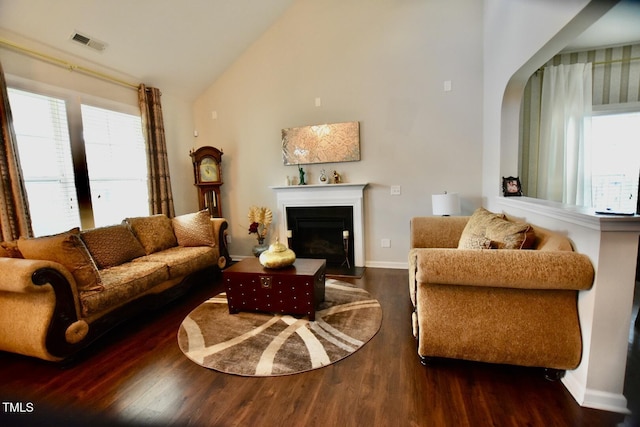 83 Mariners Point Way, Garner, NC 27529 - living area featuring plenty of natural light, wood finished floors, a fireplace, and high vaulted ceiling