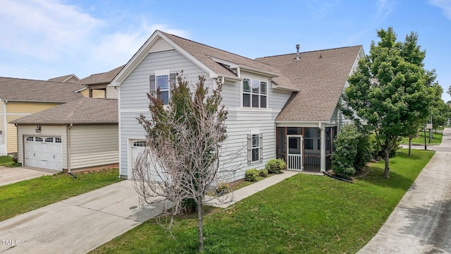 1172 Pemberly Ave, Morrisville, NC 27560 - view of front of property with concrete driveway, a front yard, a sunroom, and a shingled roof
