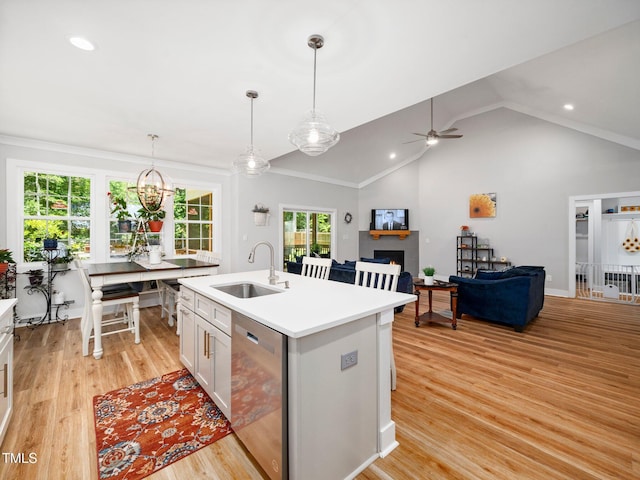 1176 Sagamore Dr, Louisburg, NC 27549 - kitchen with stainless steel dishwasher, a warm lit fireplace, a kitchen island with sink, healthy amount of natural light, and recessed lighting