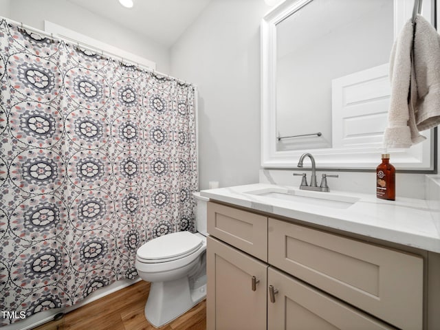 1176 Sagamore Dr, Louisburg, NC 27549 - bathroom featuring vanity, wood finished floors, curtained shower, and recessed lighting
