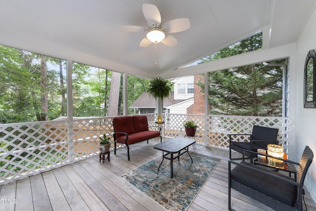 116 Lost Tree Ln, Cary, NC 27513 - sunroom / solarium with outdoor lounge area, a ceiling fan, and vaulted ceiling