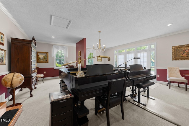 116 Lost Tree Ln, Cary, NC 27513 - sitting room featuring crown molding, light colored carpet, a textured ceiling, recessed lighting, and a chandelier