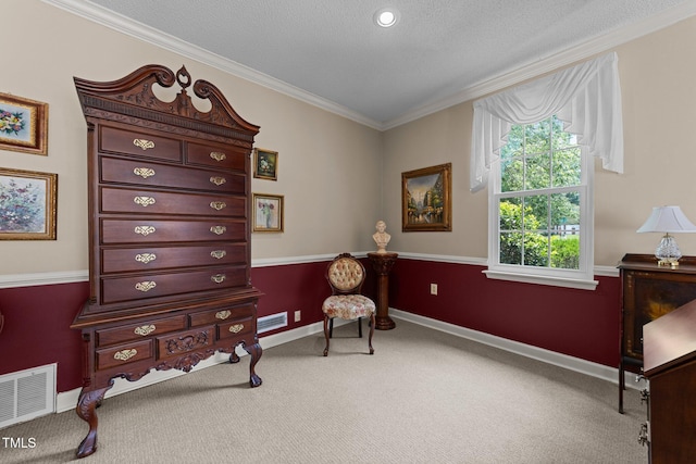 116 Lost Tree Ln, Cary, NC 27513 - living area featuring carpet floors, crown molding, and a textured ceiling