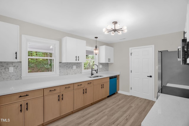 1605 Nixon St, Durham, NC 27707 - kitchen featuring appliances with stainless steel finishes, light wood-style flooring, light countertops, a chandelier, and tasteful backsplash