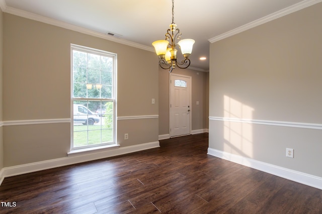 5200 Fieldwood Ct, Raleigh, NC 27616 - unfurnished room featuring a chandelier, plenty of natural light, crown molding, dark wood-type flooring, and recessed lighting