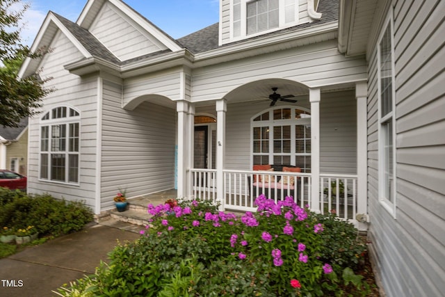 8116 Mosby Way, Willow Springs, NC 27592 - doorway to property with a porch, ceiling fan, and a shingled roof