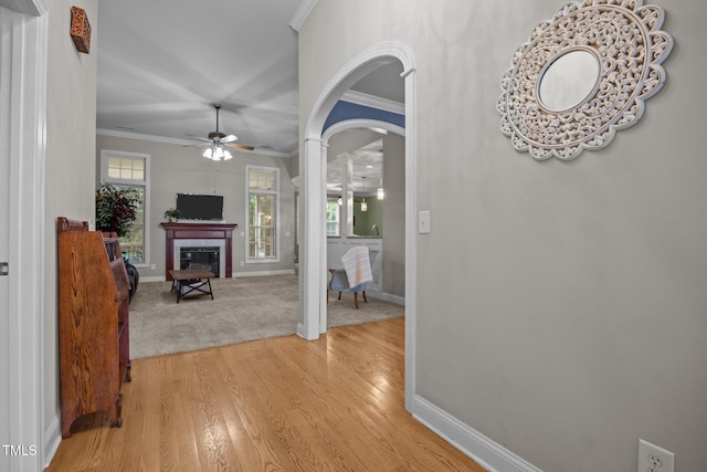 8116 Mosby Way, Willow Springs, NC 27592 - hall featuring ornamental molding, light wood-style floors, and arched walkways