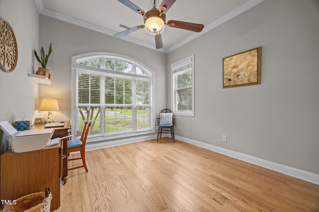 8116 Mosby Way, Willow Springs, NC 27592 - office area with light wood finished floors, crown molding, and a ceiling fan