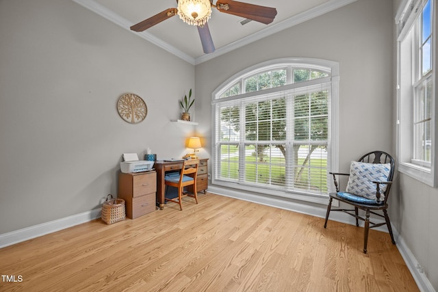 8116 Mosby Way, Willow Springs, NC 27592 - home office featuring a ceiling fan, crown molding, and wood finished floors