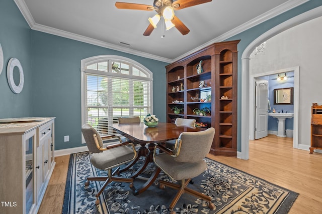 8116 Mosby Way, Willow Springs, NC 27592 - dining space with ornamental molding, light wood-type flooring, and a ceiling fan