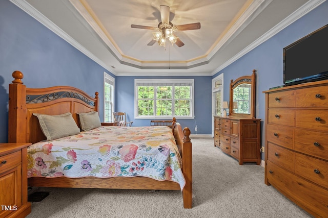 8116 Mosby Way, Willow Springs, NC 27592 - bedroom featuring a tray ceiling, light colored carpet, ornamental molding, and ceiling fan