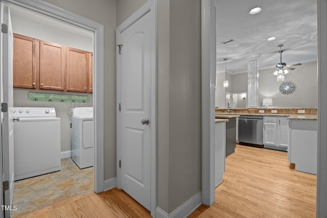 8116 Mosby Way, Willow Springs, NC 27592 - laundry area featuring washer and clothes dryer, ceiling fan, cabinet space, light wood-style floors, and recessed lighting