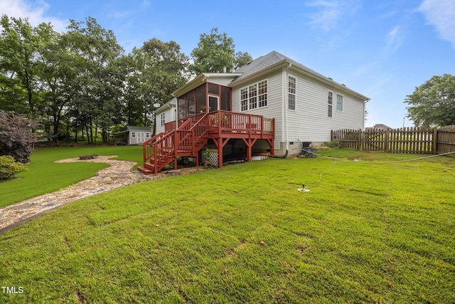 8116 Mosby Way, Willow Springs, NC 27592 - rear view of house with a sunroom, stairs, a wooden deck, and an outbuilding