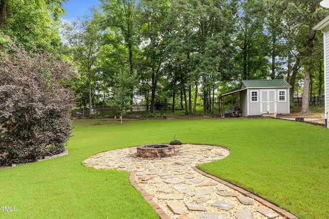 8116 Mosby Way, Willow Springs, NC 27592 - view of yard featuring a fire pit, a shed, and view of wooded area