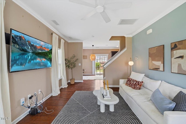 504 Gumview Cir, Fuquay Varina, NC 27526 - living room featuring wood finished floors, a ceiling fan, ornamental molding, and stairway