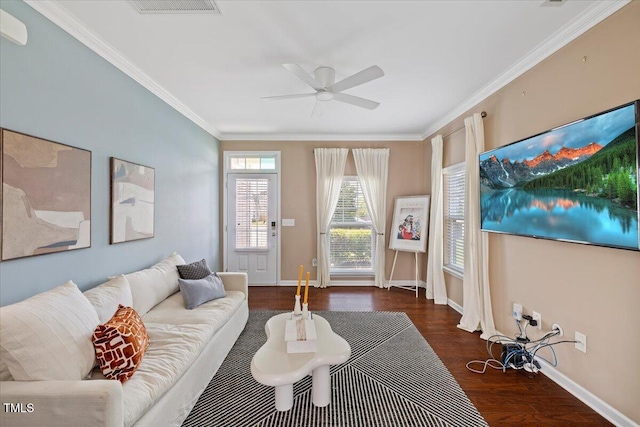 504 Gumview Cir, Fuquay Varina, NC 27526 - living room with crown molding, wood finished floors, and ceiling fan