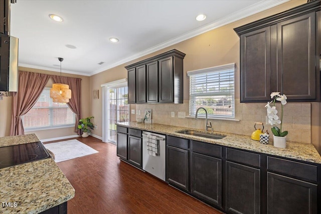 504 Gumview Cir, Fuquay Varina, NC 27526 - kitchen with stainless steel dishwasher, dark wood-type flooring, decorative backsplash, light stone counters, and recessed lighting