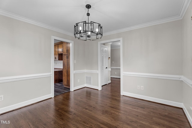 4408 Highmeadow Ln N, Wilson, NC 27896 - unfurnished dining area featuring a chandelier, crown molding, and dark wood-style flooring