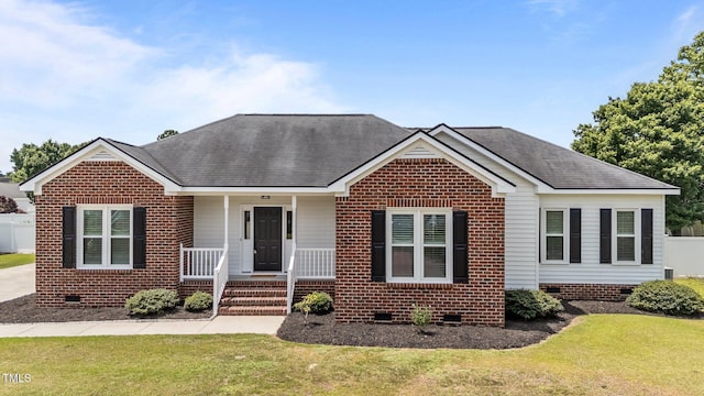 4408 Highmeadow Ln N, Wilson, NC 27896 - ranch-style house featuring crawl space, a porch, a front lawn, brick siding, and a shingled roof