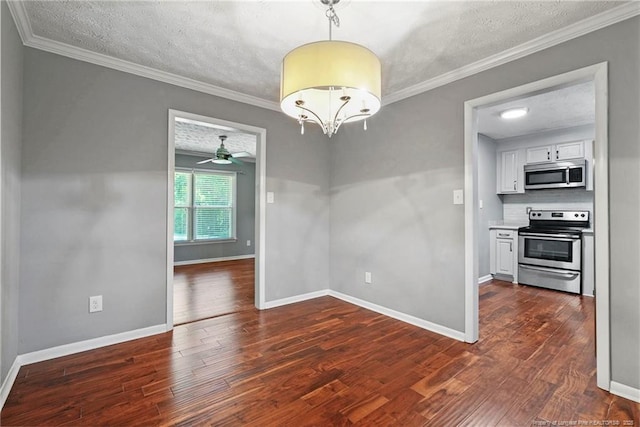 6405 Riegelwood St, Fayetteville, NC 28314 - unfurnished dining area featuring a textured ceiling, dark wood-style floors, a ceiling fan, crown molding, and a chandelier