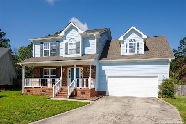 3401 Connection Dr, Fayetteville, NC 28311 - view of front of home with an attached garage, driveway, a porch, a front lawn, and a shingled roof