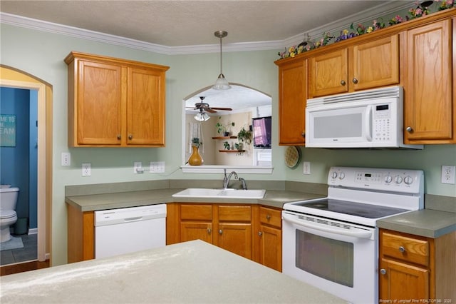 3401 Connection Dr, Fayetteville, NC 28311 - kitchen featuring white appliances, ceiling fan, ornamental molding, decorative light fixtures, and arched walkways