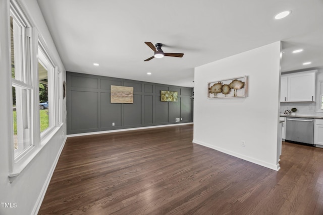 2317 Bertie Dr, Raleigh, NC 27610 - empty room with ceiling fan, dark wood-style flooring, and recessed lighting