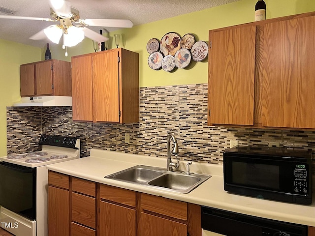 469 Whitehead Rd, Enfield, NC 27823 - kitchen with white electric stove, black microwave, dishwasher, under cabinet range hood, and light countertops