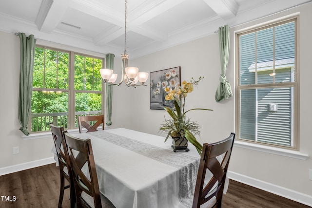 304 Garden Walk Dr, Durham, NC 27703 - dining area with a chandelier, coffered ceiling, dark wood-style flooring, beam ceiling, and ornamental molding