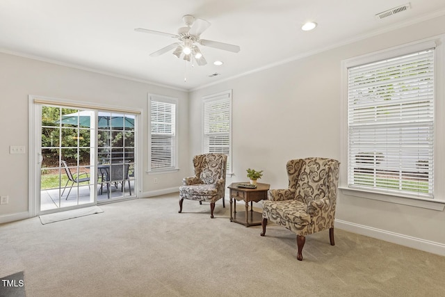 400 Indian Elm Ln, Cary, NC 27519 - sitting room with carpet floors, ornamental molding, a ceiling fan, and recessed lighting