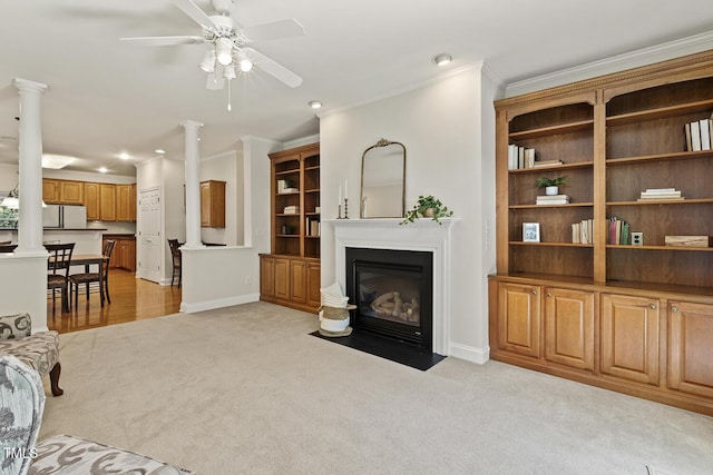 400 Indian Elm Ln, Cary, NC 27519 - living area featuring ornate columns, light colored carpet, recessed lighting, ornamental molding, and ceiling fan