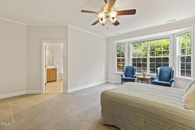 400 Indian Elm Ln, Cary, NC 27519 - bedroom featuring multiple windows, ornamental molding, light colored carpet, ensuite bathroom, and ceiling fan