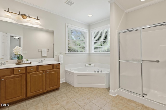 400 Indian Elm Ln, Cary, NC 27519 - full bathroom featuring double vanity, a bath, a stall shower, ornamental molding, and tile patterned floors