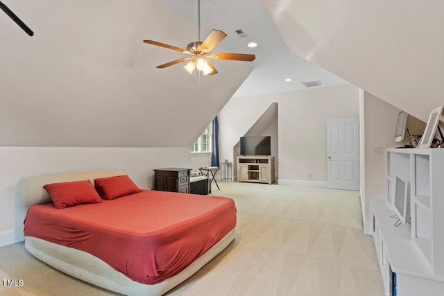 10012 San Remo Pl, Wake Forest, NC 27587 - bedroom with light carpet, lofted ceiling, recessed lighting, and ceiling fan