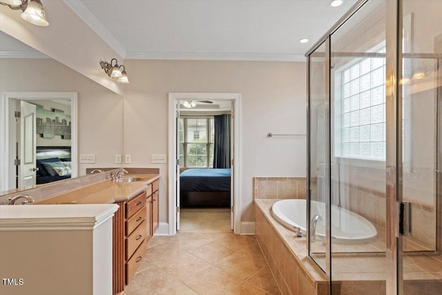 10012 San Remo Pl, Wake Forest, NC 27587 - ensuite bathroom featuring vanity, a bath, crown molding, tile patterned floors, and a shower stall