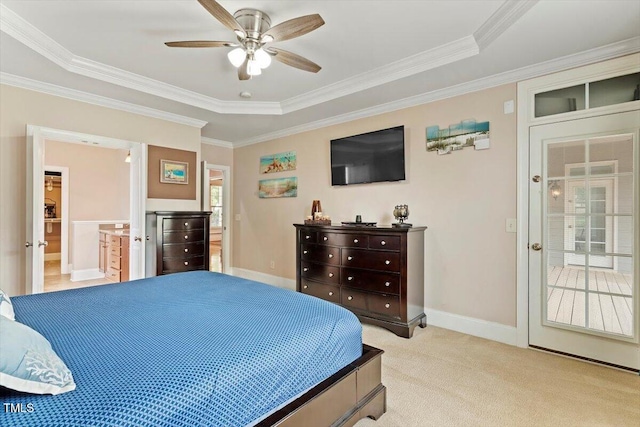 10012 San Remo Pl, Wake Forest, NC 27587 - bedroom with crown molding, light carpet, ceiling fan, connected bathroom, and a tray ceiling