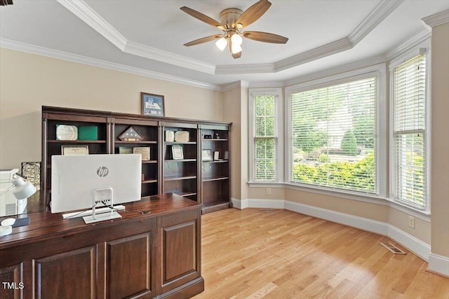10012 San Remo Pl, Wake Forest, NC 27587 - office space with a ceiling fan, light wood-type flooring, a tray ceiling, and ornamental molding