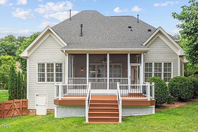 10012 San Remo Pl, Wake Forest, NC 27587 - back of property with roof with shingles, a wooden deck, and a sunroom