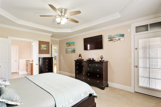 10012 San Remo Pl, Wake Forest, NC 27587 - bedroom with ornamental molding, ensuite bath, ceiling fan, and light colored carpet