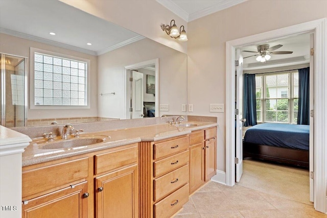 10012 San Remo Pl, Wake Forest, NC 27587 - full bathroom featuring ensuite bathroom, double vanity, ornamental molding, tile patterned floors, and a shower with shower door