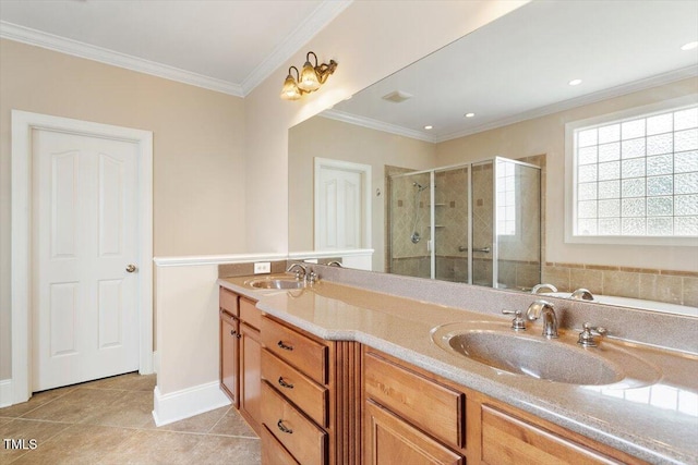 10012 San Remo Pl, Wake Forest, NC 27587 - full bathroom featuring tile patterned floors, a shower stall, double vanity, and crown molding
