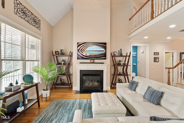 10012 San Remo Pl, Wake Forest, NC 27587 - living area with high vaulted ceiling, wood finished floors, and a fireplace with flush hearth