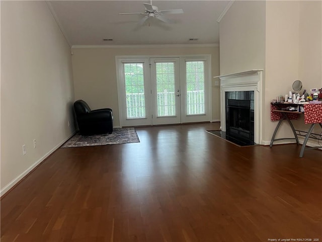 3322 Harbour Pointe Pl Unit 17, Fayetteville, NC 28314 - living area with ornamental molding, a ceiling fan, wood finished floors, and a tiled fireplace