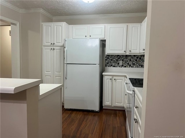 3322 Harbour Pointe Pl Unit 17, Fayetteville, NC 28314 - kitchen with white appliances, dark wood-style floors, white cabinets, backsplash, and light countertops